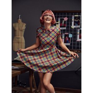SHEIN X Cara Bloom Colorful Plaid Zip Up Fit And Flare Dress